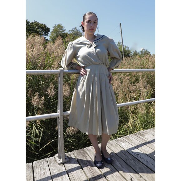 Vintage DONNA MORGAN for NSP Tan Sailor Dress 1980s Sz S - Picture 1 of 8